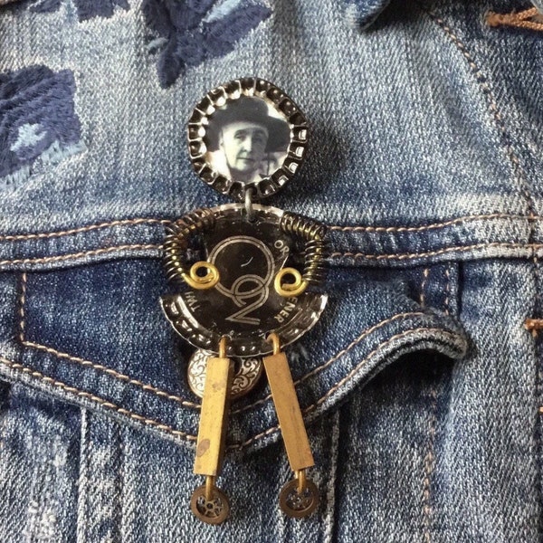 Funky Handmade,UpcYcLed, Articulating Brooch Pin- Rodeo Cowgirl-O2 Collage Jewelry-Signed-Repurposed Bottlecaps-Found Objects-Wearable Art