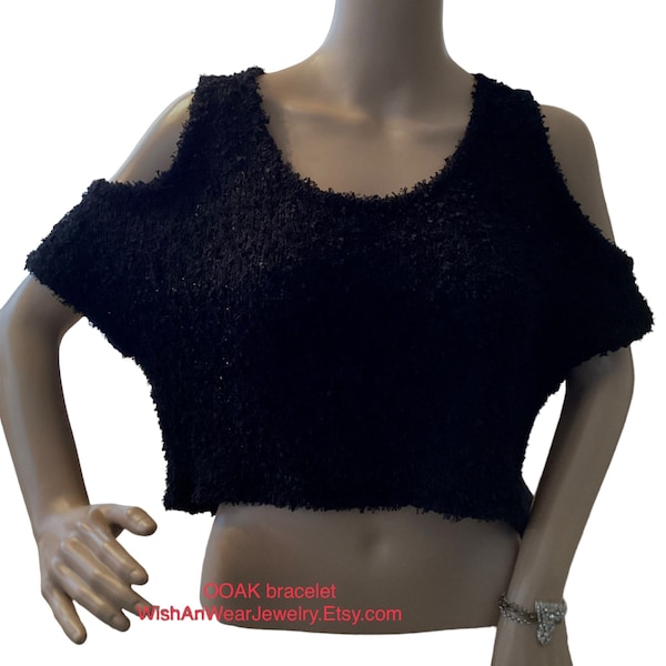 Super Cute Cropped Black Knit Cold Shoulder Pullover Sweater-Shrug-Designer Robert Rodriquez-Small/Medium