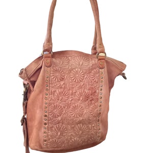 Old Trend Modern Vintage Handbag-Weathered Brown Leather-Shoulder/Crossbody/top Handle-Top Stitched Raised Flowers-Studs-Boho Hippie Chic image 1