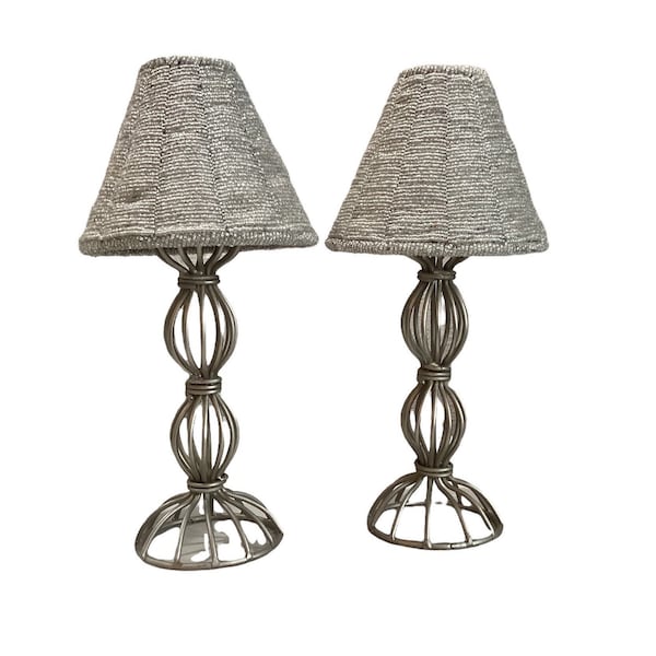 Unique PAIR Candle Votive Stands-Matte Silver tone w/ Handmade Silver Beaded Shades-Candle Stick Holders-Bohemian-Shabby Chic Table Lantern