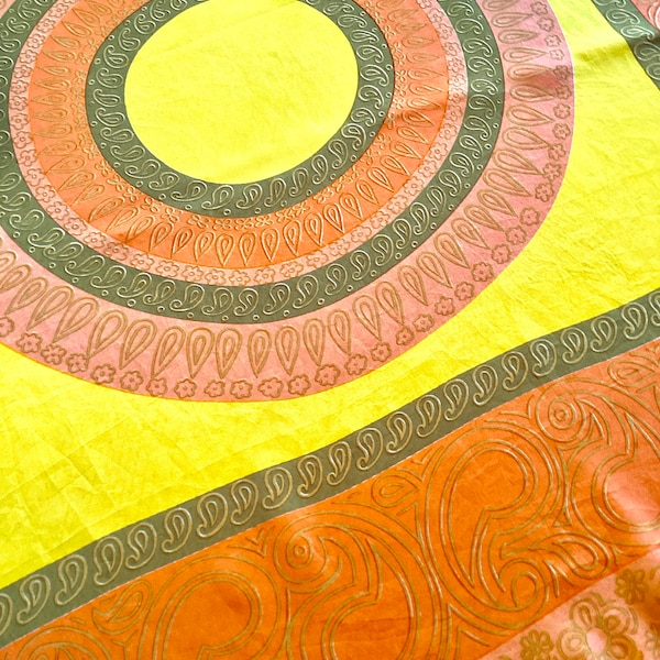 Mid Century Modern 100% SILK Scarf-Bright Yellow, Orange-Green Mod Print-Large 26” Square Scarf-Hand Rolled Hem