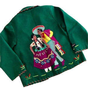 1950s Wool Jacket,Mexico-Child’s Embellished Green Jacket-Wool Appliqué/Embroidery-Mariachis Dancing Couple-Handmade-Vntg Tourist Souvenir