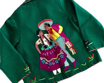 Vtg 50s Mexican Embroidered Wool Souvenir Jacket Tourist Folk Art