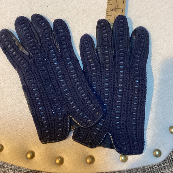 Ladies Vintage Dark Blue Leather Crocheted Gloves-Very Soft Genuine Leather-Small/Medium-Handmade Hammer of Hollywood