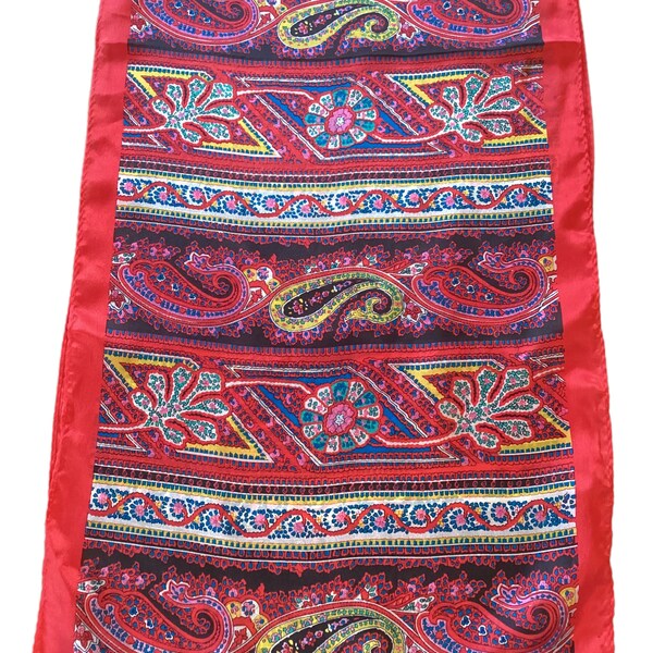 Vintage 100% Pure SILK Scarf-Elaine Gold Collection-Long Neck Scarf-Red w/ Colorful Paisley Print- Oblong-Boho Chic