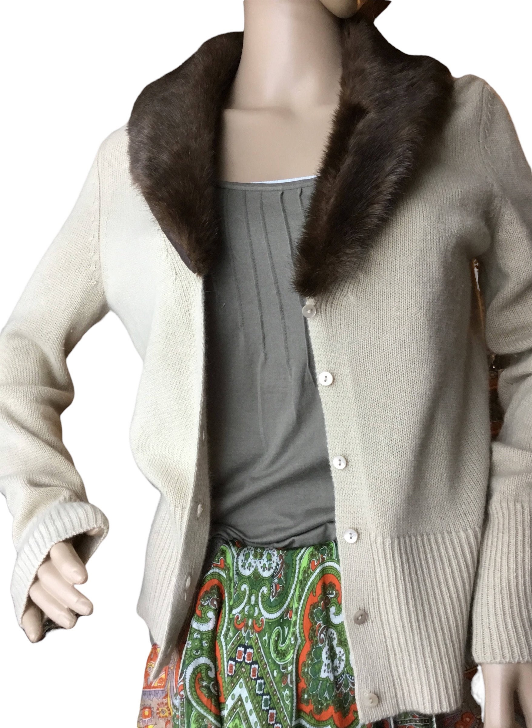 Ladies Fur Collar Cardigan Sweater Wool 