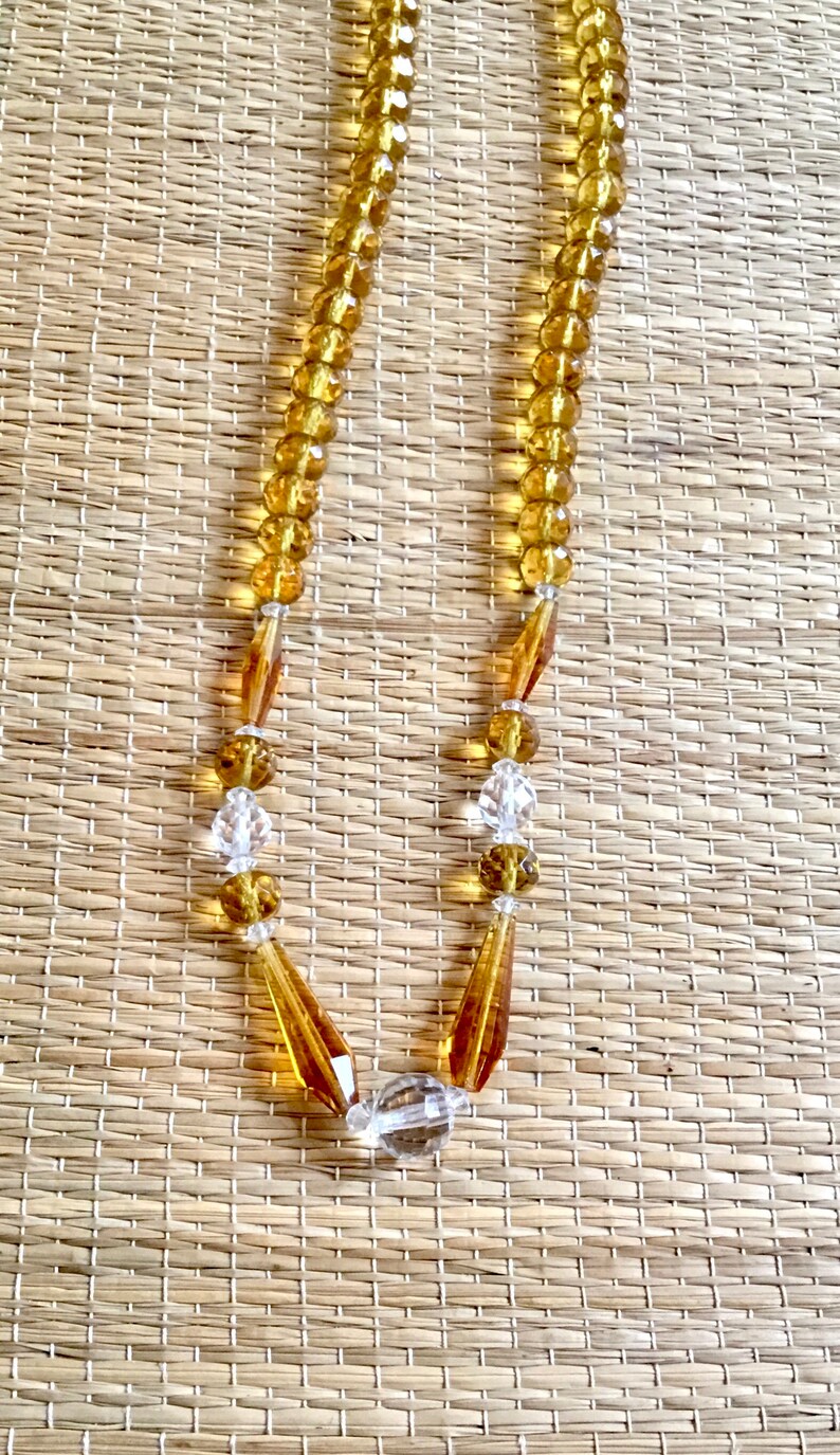Vintage Faceted Butterscotch Glass Bead 24\u201d Necklace-Large HoneyAmber Clear Beads-Crystals-Mid Century-Antique Necklace