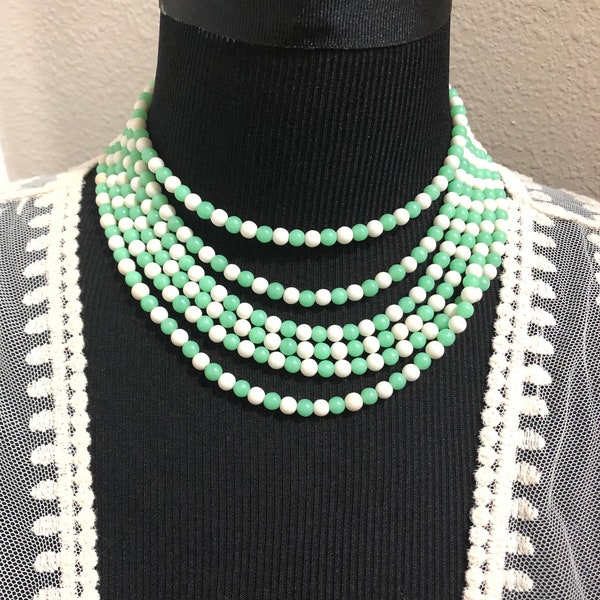 Retro 6 Strands GLASS Bead Necklace-Vintage 50s Jewelry-JAPAN-Mint Green & White-Layered Bib Style-Multi Strand Layered Choker Necklace