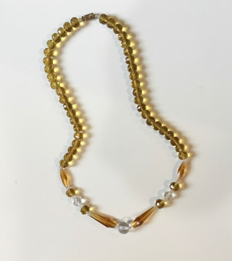 Vintage Faceted Butterscotch Glass Bead 24\u201d Necklace-Large HoneyAmber Clear Beads-Crystals-Mid Century-Antique Necklace