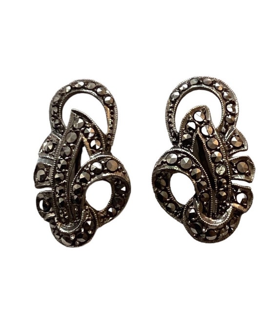 Vintage Sterling Silver Marcasite Earrings-Screw B