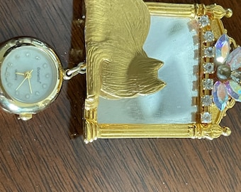 Vintage Mirrored Cat Brooch with Watch.