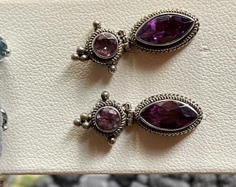 Antique Amethyst Earrings. 925 Sterling Silver.