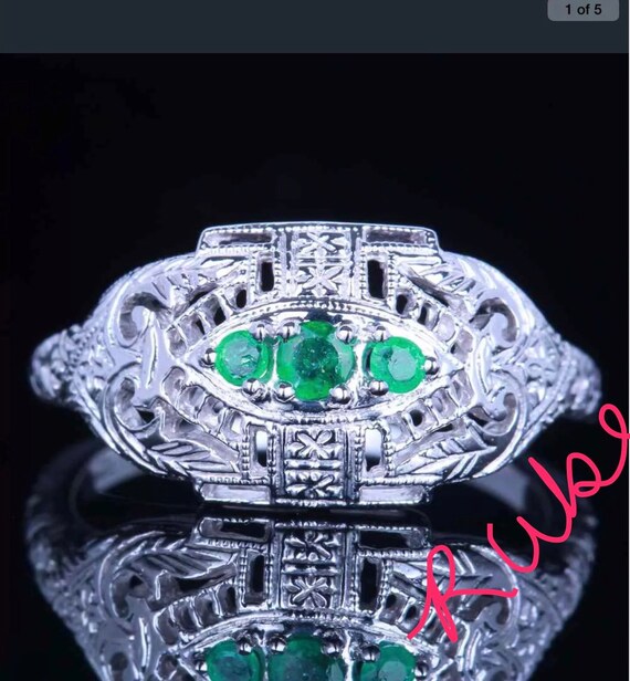 Emerald Ring. Three Stone Ring. Sterling Silver. … - image 1