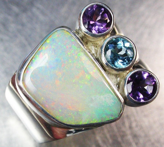 Opal ring with amethyst and blue topaz.  Large Ge… - image 3