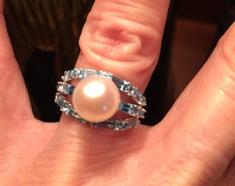 Glorious Blue Topaz and 10MM Pearl Ring. Sterling Silver. Size 6 US