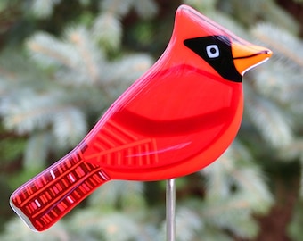 Fused Glass Bird Garden Stake: &quot;Sammy&quot; the Cardinal