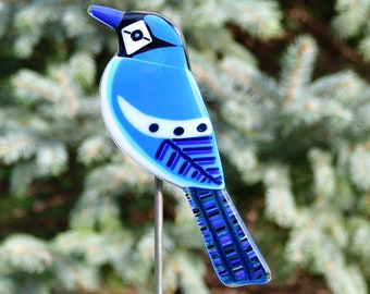 Fused Glass Bird Garden Stake: "Frank" the Blue Jay