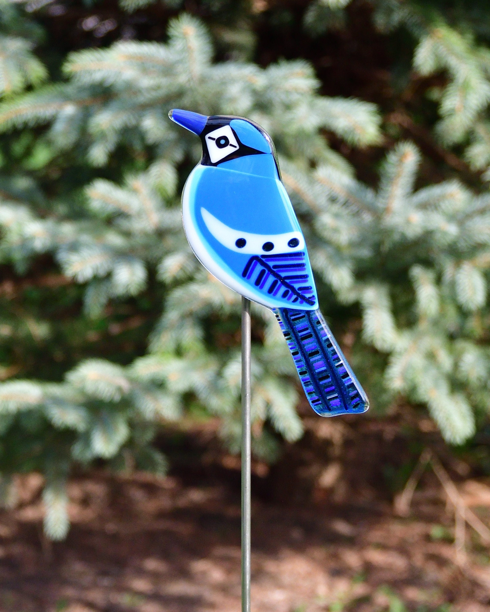 Fused Glass Bird Garden Stake: "Frank" the Blue Jay