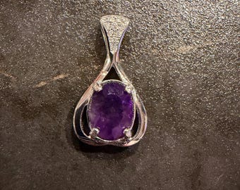 Original, Handmade Dark purple Amethyst pendant, cubic zirconia, 925 sterling silver.