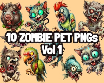 Peut inclure: Dix illustrations numériques d'animaux de compagnie zombies. Les images comprennent un chat zombie, un loup zombie, un poisson zombie, un perroquet zombie et un hamster zombie. Les images sont dans un style cartoon et sont parfaites pour une utilisation dans des projets numériques.