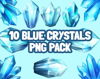May include: Ten blue crystal shapes in various sizes and forms. The crystals are transparent and have a light blue colour. The image is labelled "10 BLUE CRYSTALS PNG PACK".