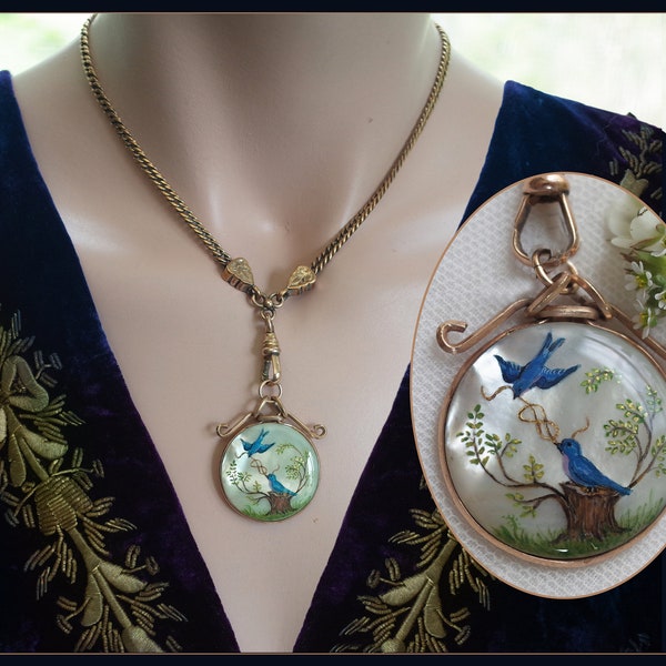 Antique Hand Painted Love Birds Knot Mother of Pearl Pendant Pocket Watch Fob Necklace Gold Filled Chain Swivel Hook TBar