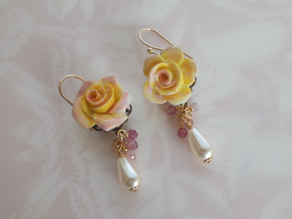 Vintage English Bone China Yellow Rose Earrings P… - image 2