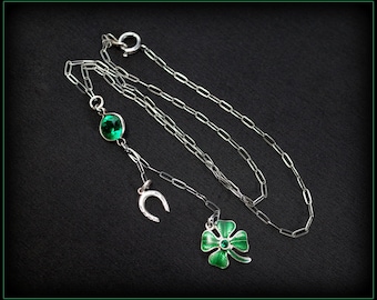 St Patricks Day Vintage Sterling Silver Horseshoe and Enameled Four Leaf Clover Necklace & Emerald Green Crystal Connector Shamrock Jewelry