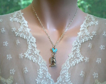 Sterling Silver Blue Enamel Butterfly & Cupid Angel Pendant Necklace Sterling Silver Chain