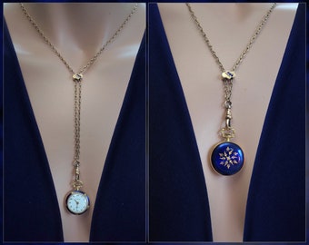 Vintage Hanowa Guilloche Enamel Pocket/Pendant Watch Victorian Gold Filled Slide Chain Necklace - 17 Jewel Swiss Ladies Pocket Watch