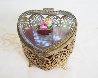 Vintage Heart Shaped Beveled Glass Filigree Jewelry Box - English Bone China Flowers Trinket Dresser Casket - Porcelain Roses