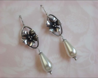 Fabulous Vintage Sterling Silver Earrings - Flower Pearl Teardrop Dangle  Earrings