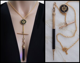 Victorian Miniature CHATELAINE PROPELLING PENCIL & Thistle Connector 14K Gold Filled Chain Necklace