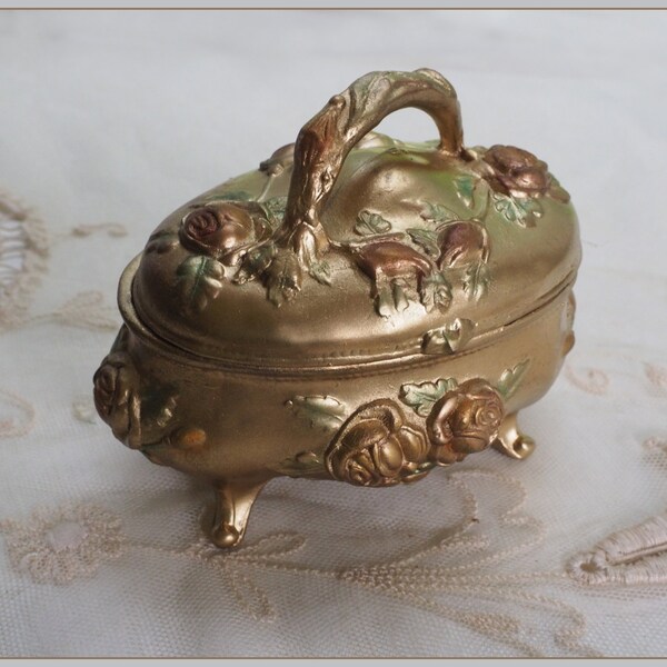 Antique  Art Nouveau Gold Ormolu Jewelry Casket  Roses - Trinket Box -  Repousse Flowers