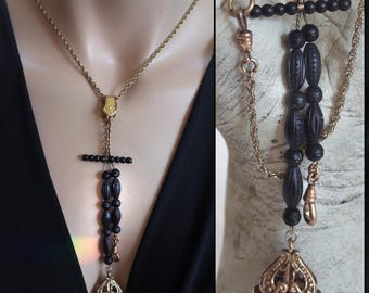 Antique Mourning Carved Black Jet Bead Watch Fob Necklace T-Bar Gold Filled Seal Swivel Dog Clip