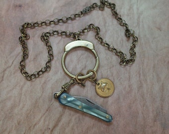 Vintage Green Celluloid Pen Knife Necklace with Front Closure & Fox Head Charm - Brass Chain - Antique Assemblage Jewelry