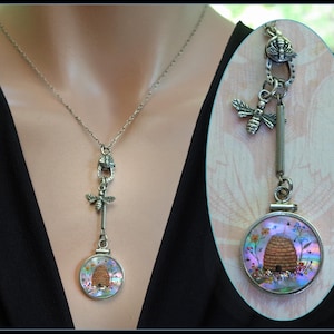 Sterling Silver Hand Painted Bee Hive & Flowers on Mother of Pearl Bee Connector - Sterling Silver Chain Necklace