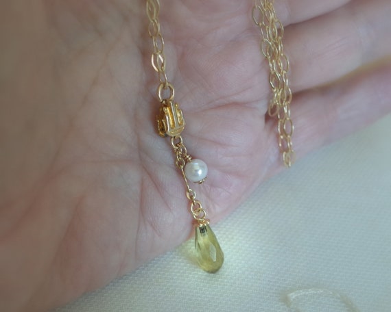 Delicate Lemon Quartz Briolette with Pearl Drop N… - image 3