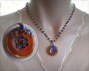 Antique  Chinese Cloisonne Enamel Butterfly & Carnelian Necklace Gold over Sterling Silver Pendant - Sapphire Bead Rosary Chain