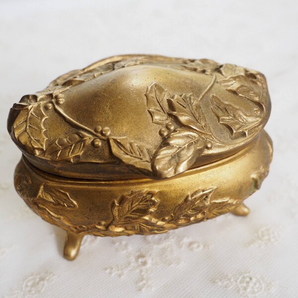 Antique  Art Nouveau Gold Ormolu Jewelry Casket - Trinket Ring Box -  Repousse Leaves & Berries