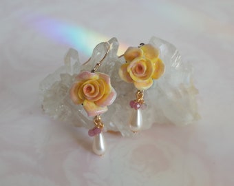 Vintage English Bone China Yellow Rose Earrings Pearl Drop  Gold Filled Lever Back Earrings