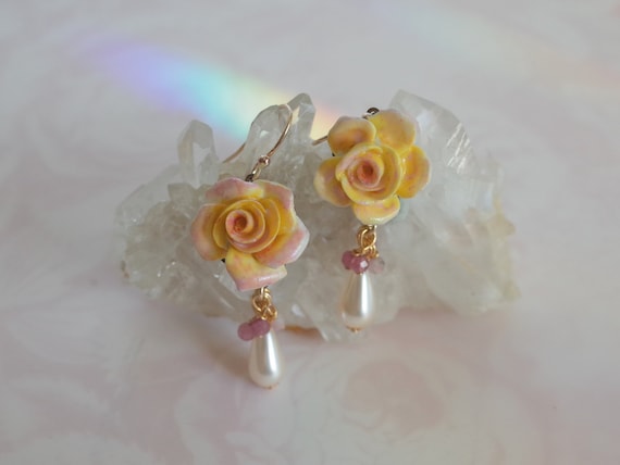 Vintage English Bone China Yellow Rose Earrings P… - image 1
