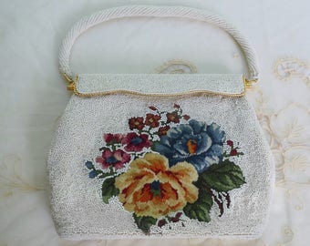 Vintage Beaded & Embroidered Purse -  Petit Point Embroidery  -  Evening or Wedding  Bag - Hand Beaded In The Crown Colony Of Hong Kong