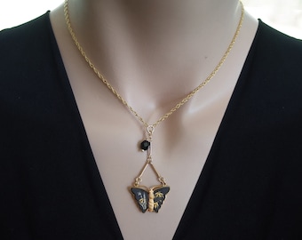 Vintage Japanese Damascene Butterfly Necklace Hand Carved Black Cut Glass Drop - 14K Gold Filled Chain