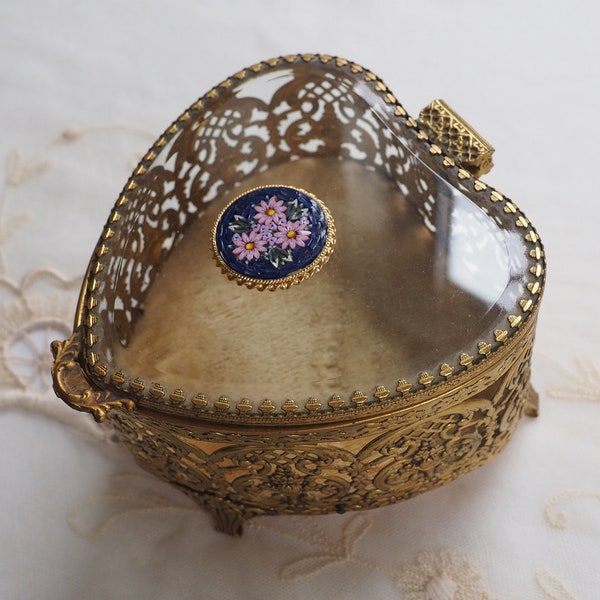 Antique Heart Shape Jewelry Casket - Beveled Glass - Micro Mosaic Floral Embellishment  - Gold Filigree Trinket Dresser Box