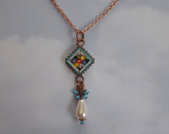 Vintage Micro Mosaic with Tear Drop Pearl & Turquoise Drops Necklace  - Rose Gold Tone Chain - Assemblage Jewelry