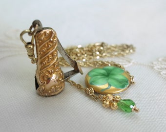 Antique Victorian Gold Filled Repousse Ladies Cigar Cutter - Porcelain Four Leaf Clover Connecter Gold Over Sterling Chain Necklace
