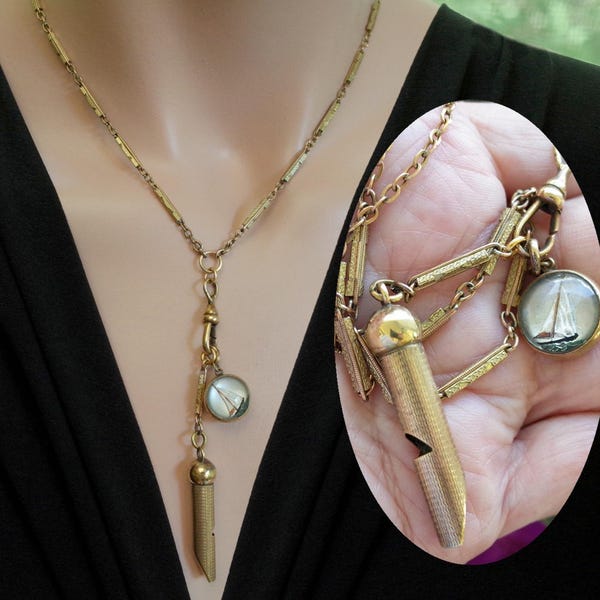 Antique Miniature Brass Whistle Fob & Sail Boat Ball Intaglio Necklace,  Gold Filled Bar Chain Dog Clip - Assemblage Jewelry