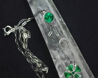 St Patricks Day Vintage Sterling Silver Horseshoe and Enameled Four Leaf Clover Necklace & Emerald Green Crystal Connector Shamrock Jewelry