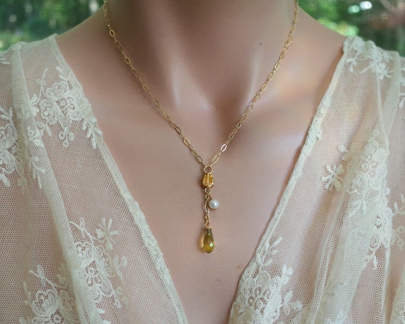 Delicate Lemon Quartz Briolette with Pearl Drop N… - image 2